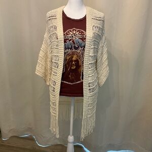 Cream Bohemian Open Front Sweater with Fringe